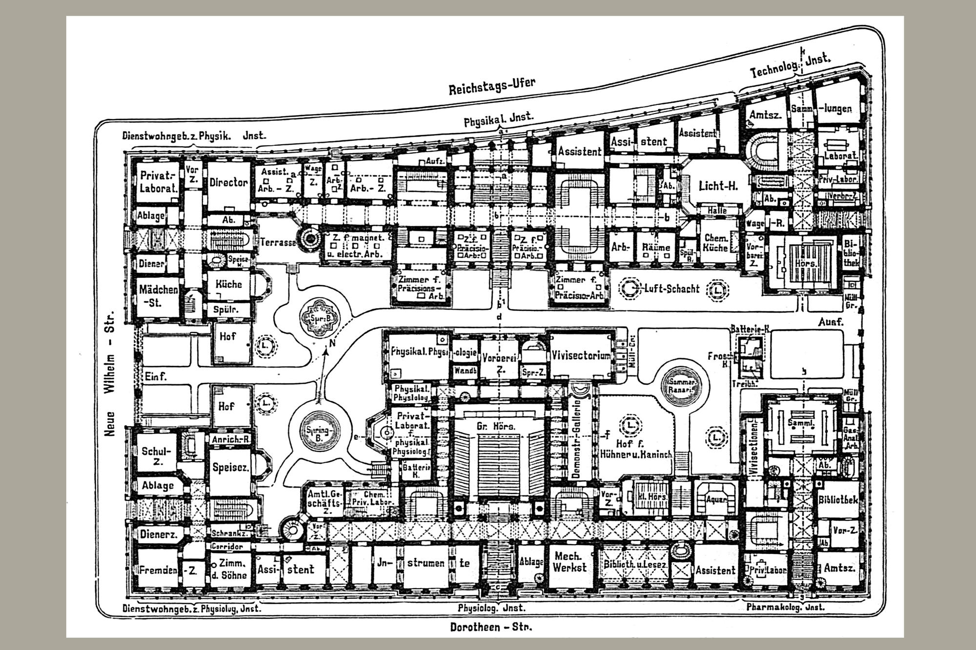 The floor plan of the building complex for the natural sciences shows which institutes were located between Reichstags-Ufer und Dorotheenstraße.