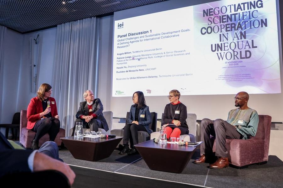 The first panel of the conference: "Global Challenges and Sustainable Development Goals: A Defining Agenda for International Collaborative Research?" at ICI Berlin
