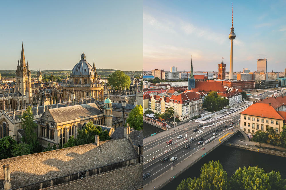 View over Oxford on the left and the Berlin skyline on the right