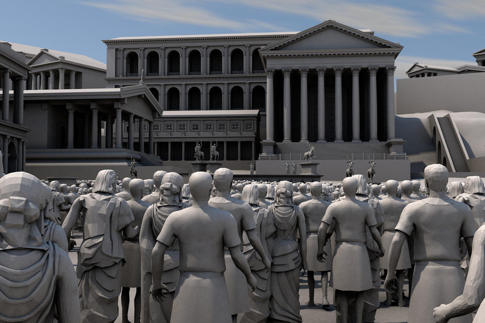 Digital simulation of the Roman Forum for a speech from the Caesarean rostrum as it looked to listeners from 70 meters away from the speaker.