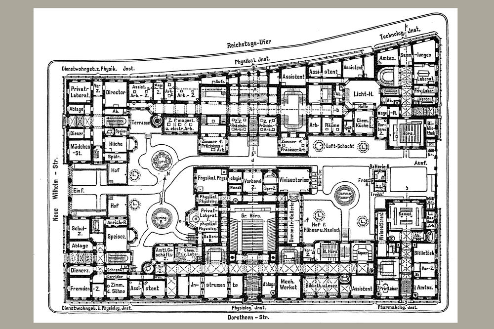 The floor plan of the building complex for the natural sciences shows which institutes were located between Reichstags-Ufer und Dorotheenstraße.