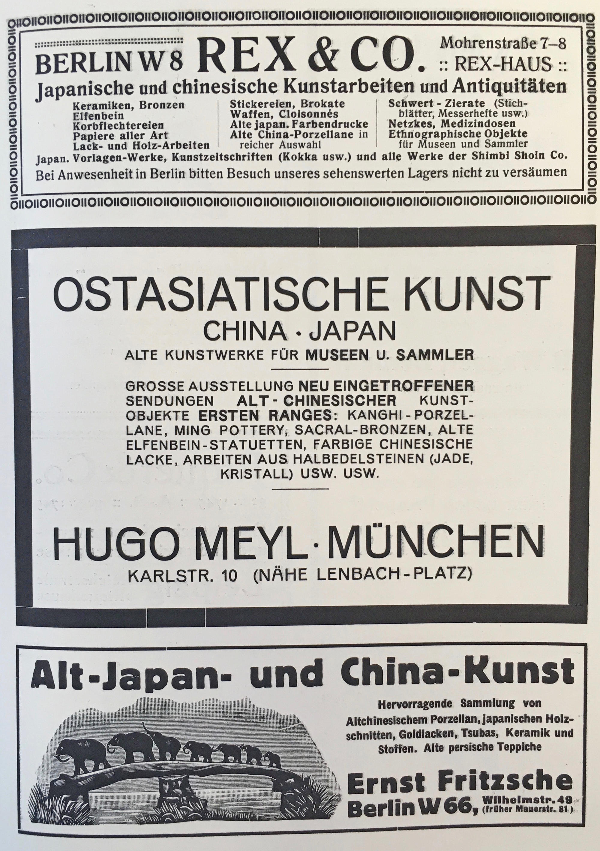 Typical advertisements of leading German East Asian dealers in the “East Asian Journal” from the year 1912.