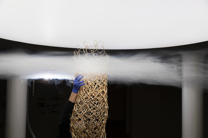 „Enveloping atmospheres - experiment with structural textiles (knitted willow column)“, ist im Exzellenzcluster „MoA“ entstanden. Copyright: Exzellenzcluster »MoA« EXC 2025, Clemens Winkler, Natalija Miodragović. Photo Credit: Michelle Mantel