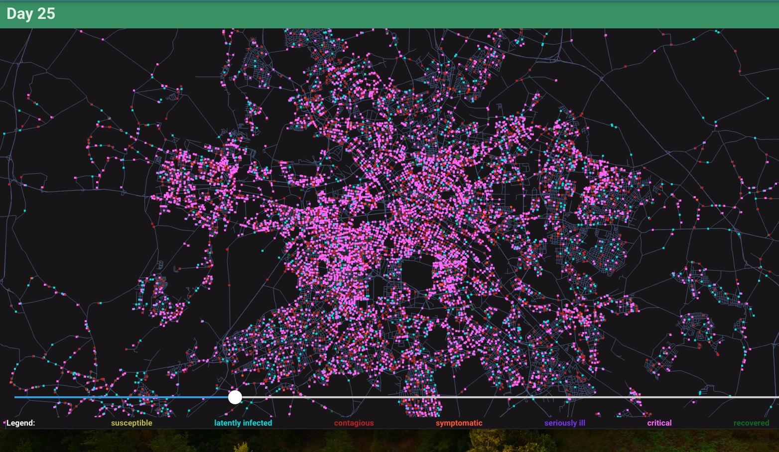 Spread of COVID-19 infection in Berlin based on a simulation model (MATSim-EpiSim): Place of residence of individual residents, color-coded according to their infection status over time. © Kai Nagel