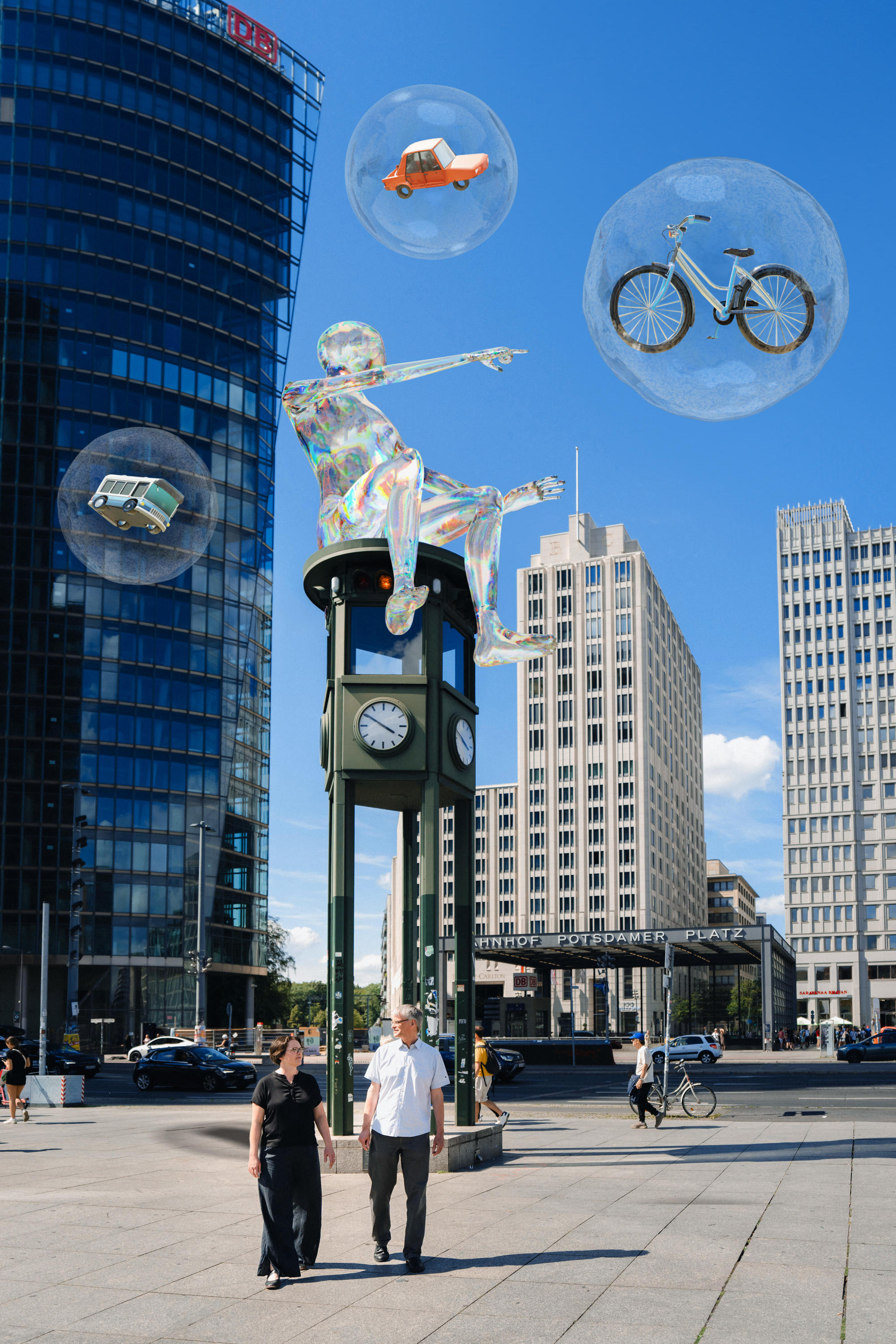 The MATH+ campaign motif: The “Math Agent,” originally from the comic “Ida and the Math Agent,” embodies a mathematical model. Here with Sarah Wolf and Kai Nagel at Potsdamer Platz. © BUA