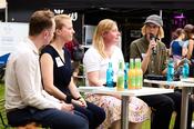 The panel at the BUA Open Space: Water for everyone? - Moderator Mads Pankow, Frauke Bathe (Senate Administration), Irina Engelhardt (TU Berlin), Anna-Lisa Dieter (Humboldt Laboratory)