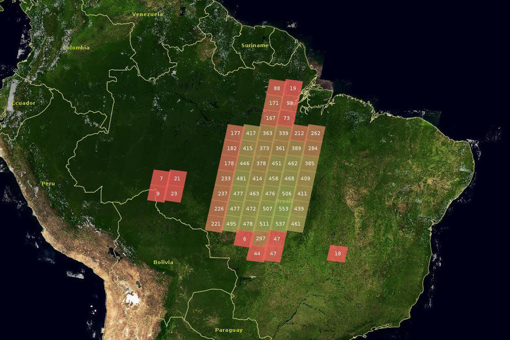 Arbeitsgebiete des Projekts in Brasilien. Jedes Kästchen entspricht einem Gebiet von 200 x 200 km - dem sog. "footprint" der Aufnahme. Die Zahlen geben Auskunft über Landsat-Satellitendaten pro footprint (grün = viele Daten; rot = wenige Daten).