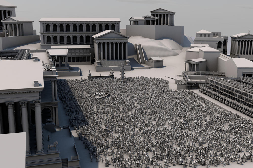 Diese digitale Rekonstruktion zeigt aus der Vogelperspektive das Forum Romanum mit einer Ansprache von der caesarischen Tribüne.