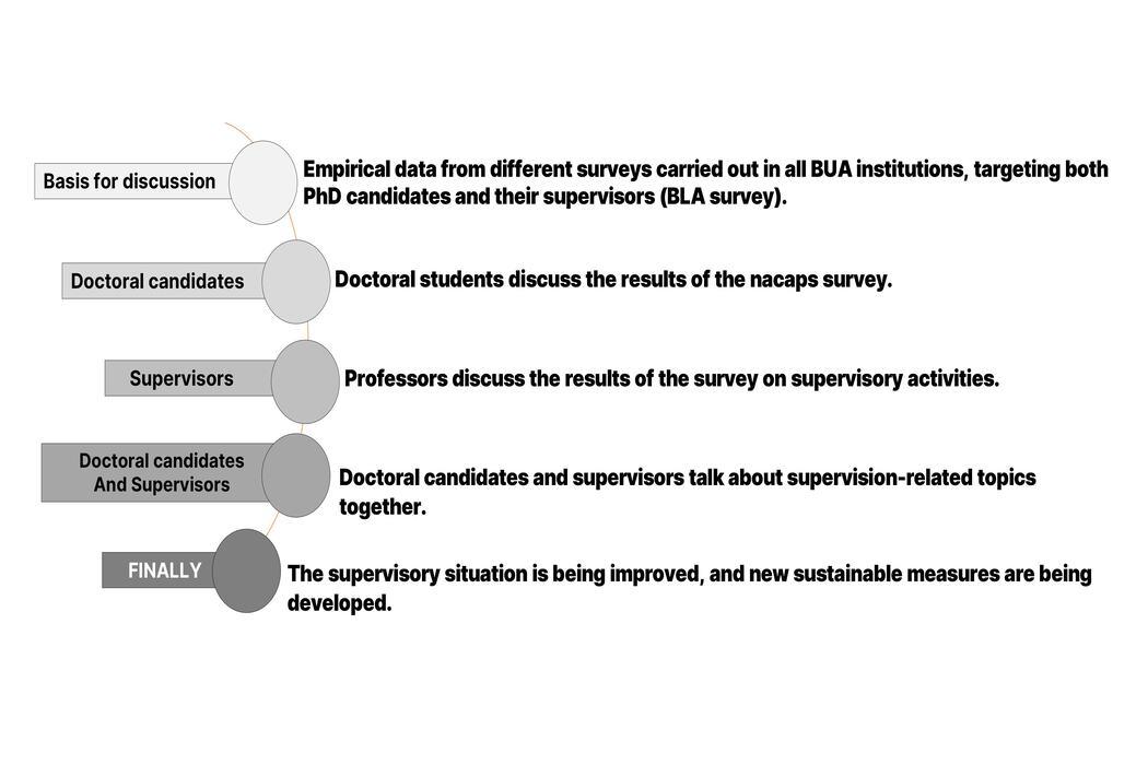 (Fig. 1: The project is based on a multistep approach involving doctoral candidates, supervisors, and joint discussion rounds.)