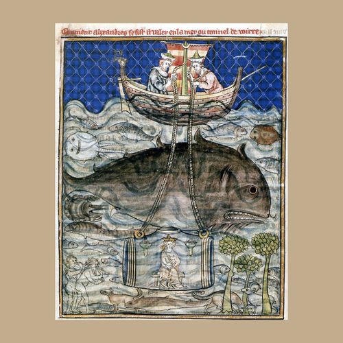 Im Alexanderroman taucht Alexander der Große mit einer Tauchtonne auf den Meeresboden hinab. Miniaturmalerei der "Histoire du bon roi Alexander" um 1320 im Kupferstichkabinett Berlin