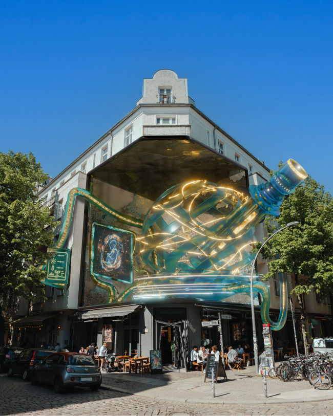 Ein futuristisches KI-Observatorium mitten in Berlin - eine visuelle Interpretation der Forschung von Nico Marquardt. Das Motiv wird im Rahmen der Kampagne DAS OFFENE WISSENSLABOR der BUA im Berliner Stadtraum plakatiert. | Artist: Liam Schnell
