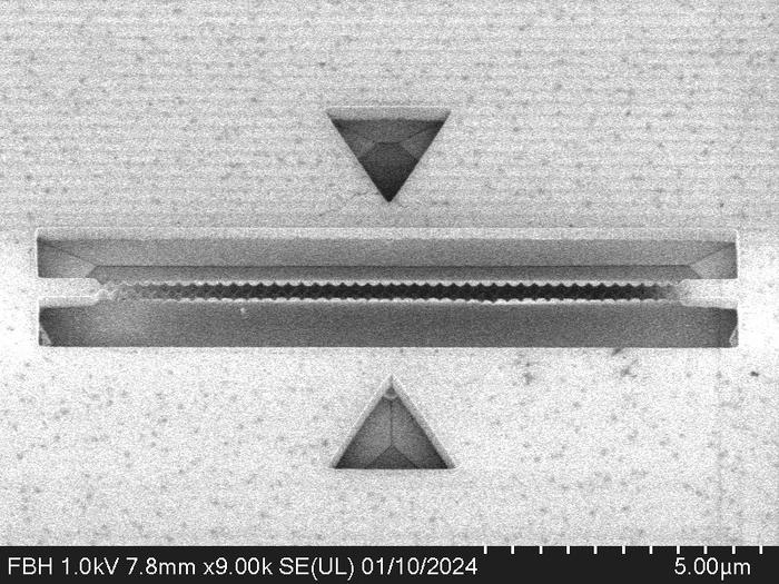 Elektronenmikroskop-Aufnahme einer Sawfish Cavity: Obenansicht der winzigen Diamantstruktur. Das Design und die Simulation stammen von Julian Bopp, gefertigt wurde sie von Marco Stucki.