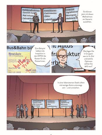 Comic zum Thema „Decision Theatre“: „Ida und der Mathe-Agent oder eine Geschichte vom Modellieren der Mobilität von Morgen“, von Sarah Wolf et al., gezeichnet von Alberto Madrigal